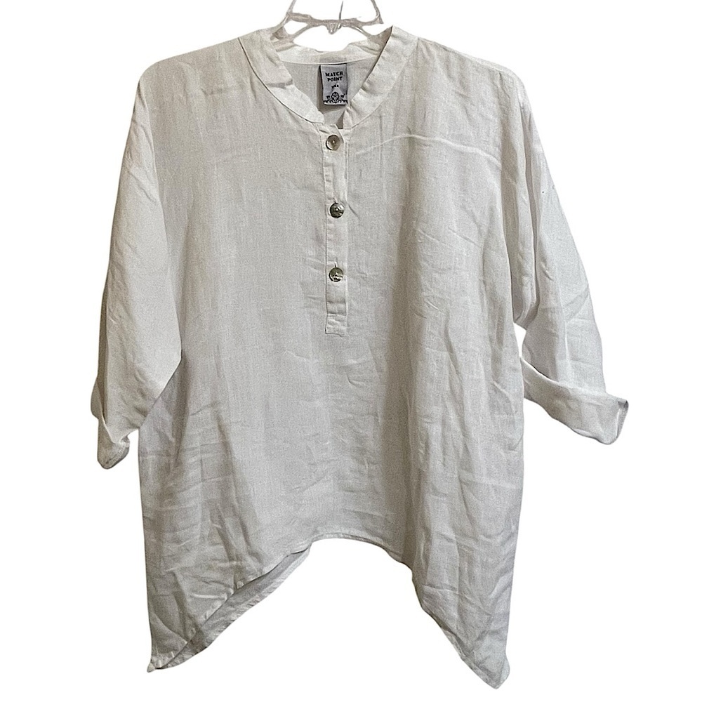 Match Point White Linen Popover Shark Bite Tunic Top Lagenlook Casual Size Large